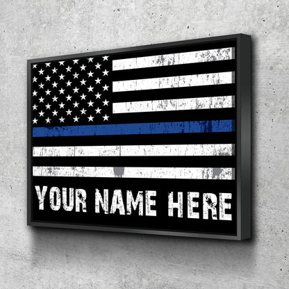 Personalized Thin Blue Line Flag Canvas Wall Art, Custom Wall Art Thin Blue Line, Police Officer Wall Art, LEO, Law Enforcement Officers - Royal Crown Pro