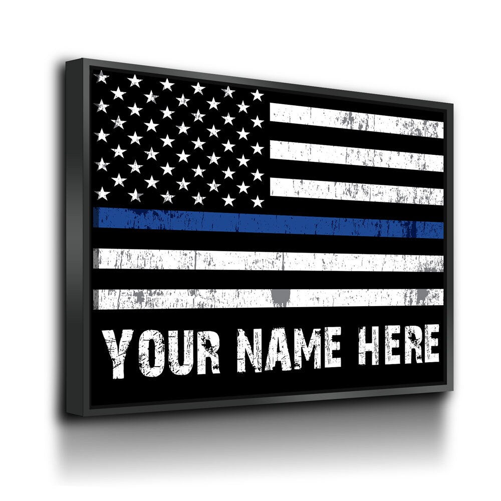 Personalized Thin Blue Line Flag Canvas Wall Art, Custom Wall Art Thin Blue Line, Police Officer Wall Art, LEO, Law Enforcement Officers - Royal Crown Pro