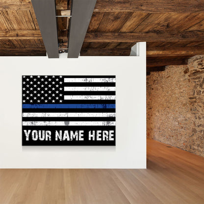 Personalized Thin Blue Line Flag Canvas Wall Art, Custom Wall Art Thin Blue Line, Police Officer Wall Art, LEO, Law Enforcement Officers - Royal Crown Pro