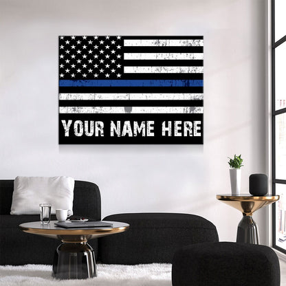 Personalized Thin Blue Line Flag Canvas Wall Art, Custom Wall Art Thin Blue Line, Police Officer Wall Art, LEO, Law Enforcement Officers - Royal Crown Pro