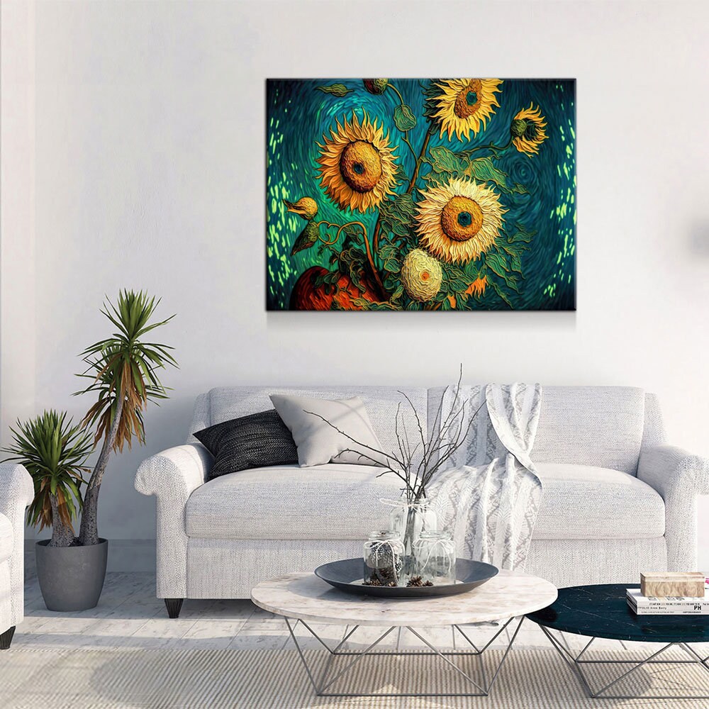 Sunflowers Van Gogh Style Canvas Wall Art, Sunflower Decor, Abstract Art, Abstract Sunflowers - Royal Crown Pro