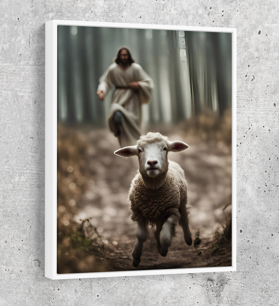 Jesus Running After a Lost Lamb Canvas Wall Art, Jesus Lamb of God Canvas, Jesus Home Decor, God Canvas Print, Jesus Canvas Wall Art - Royal Crown Pro