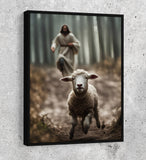 Jesus Running After a Lost Lamb Canvas Wall Art, Jesus Lamb of God Canvas, Jesus Home Decor, God Canvas Print, Jesus Canvas Wall Art - Royal Crown Pro