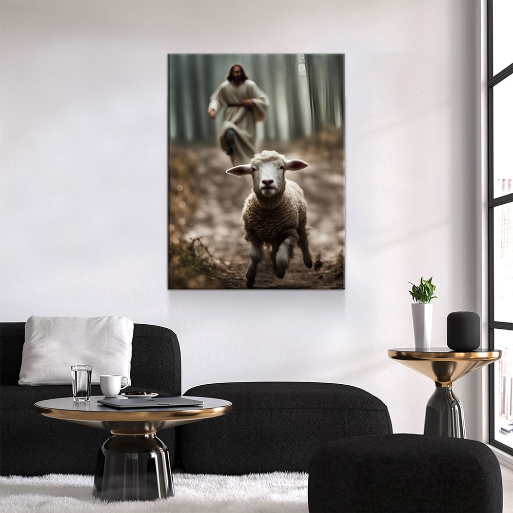 Jesus Running After a Lost Lamb Canvas Wall Art, Jesus Lamb of God Canvas, Jesus Home Decor, God Canvas Print, Jesus Canvas Wall Art - Royal Crown Pro