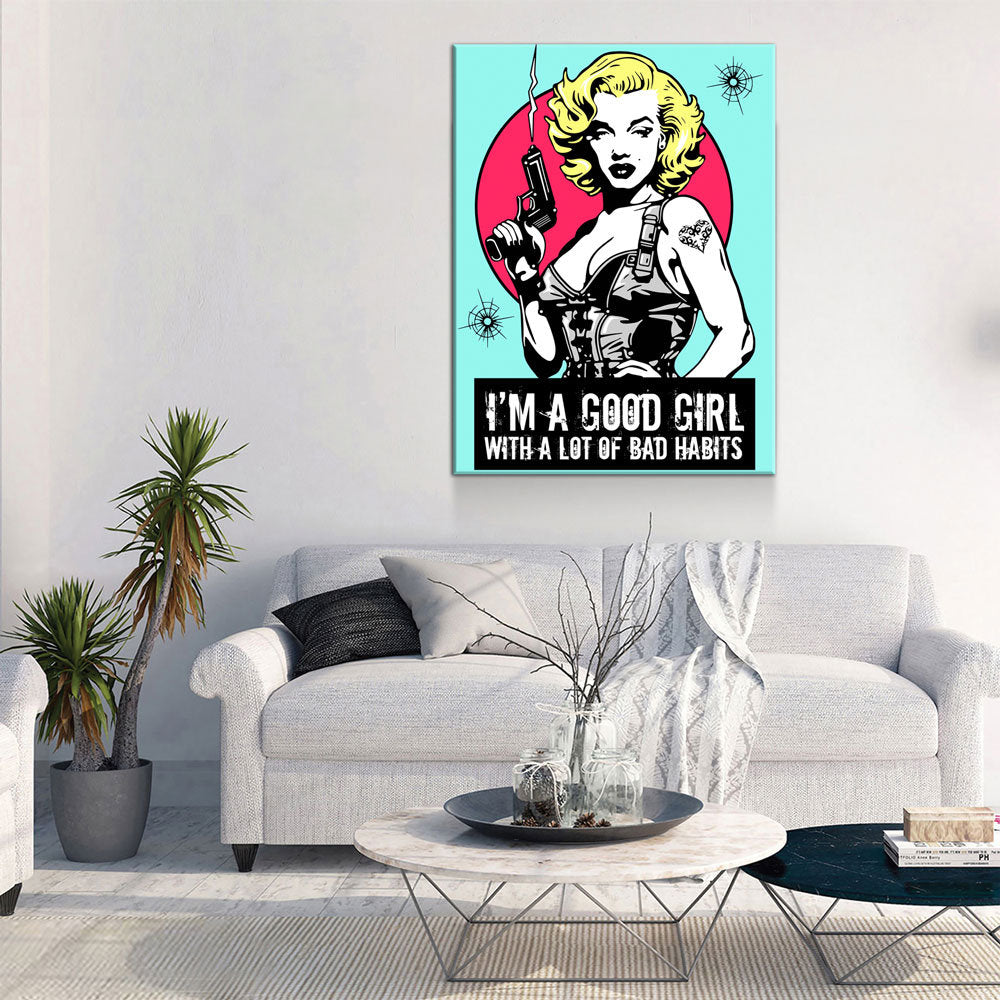 Marilyn Gangsta Canvas Wall Art, I'm A Good Girl With A Lot Of Bad Habits, Marilyn Monroe Comic Style Art, Marilyn Monroe Decor - Royal Crown Pro