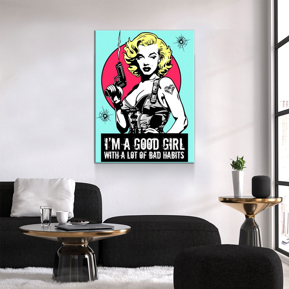 Marilyn Gangsta Canvas Wall Art, I'm A Good Girl With A Lot Of Bad Habits, Marilyn Monroe Comic Style Art, Marilyn Monroe Decor - Royal Crown Pro