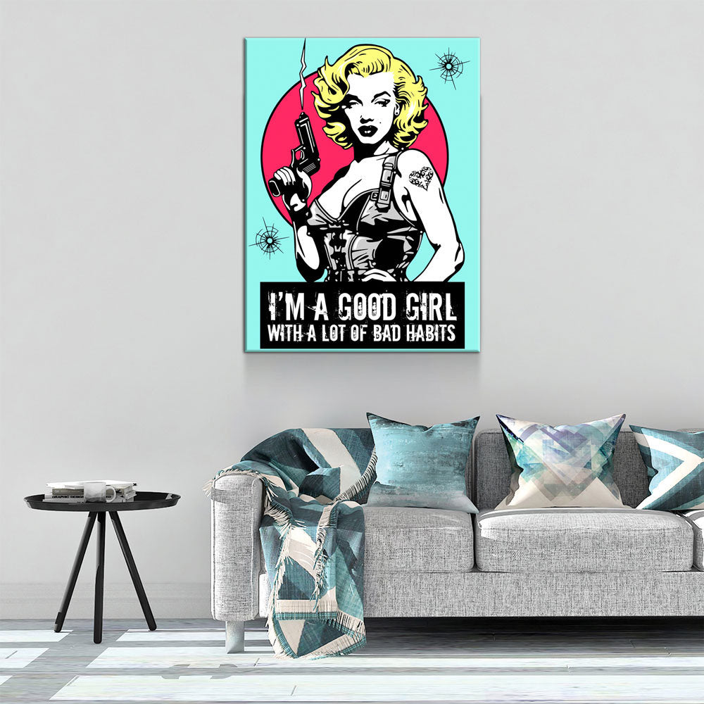 Marilyn Gangsta Canvas Wall Art, I'm A Good Girl With A Lot Of Bad Habits, Marilyn Monroe Comic Style Art, Marilyn Monroe Decor - Royal Crown Pro