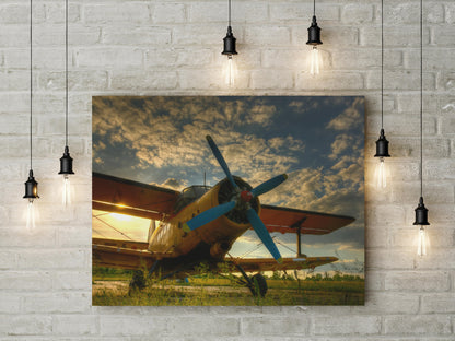 Old Airplane Sunset Canvas Wall Art, Aviation Gift, Single-engine Biplane, Plane Gift, Airplane Gift, Single Engine - Royal Crown Pro