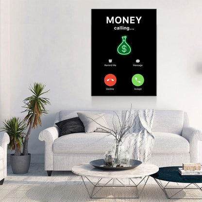 Money Calling Canvas Wall Art, Phone Screen Money Calling, Office Decor, Hustle Quote, Motivational Quote - Royal Crown Pro