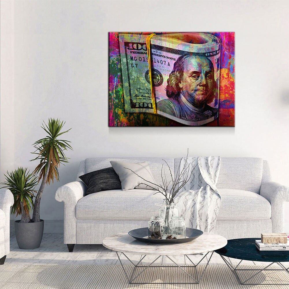 Graffiti Bills Canvas Wall Art, 100 Dollar Bills, Hundred Dollar Bills, Abstract Art, Abstract Decor, Ben Franklin Money Decor, Money Art - Royal Crown Pro