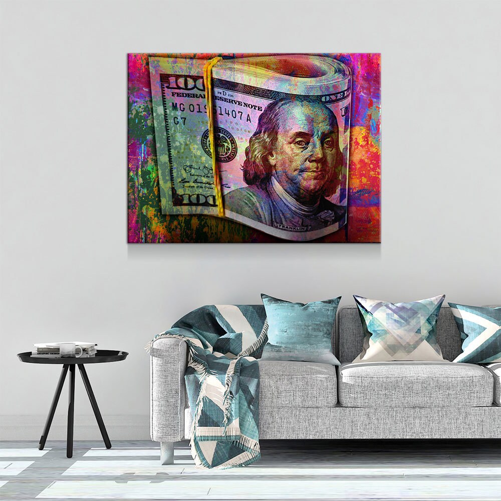 Graffiti Bills Canvas Wall Art, 100 Dollar Bills, Hundred Dollar Bills, Abstract Art, Abstract Decor, Ben Franklin Money Decor, Money Art - Royal Crown Pro