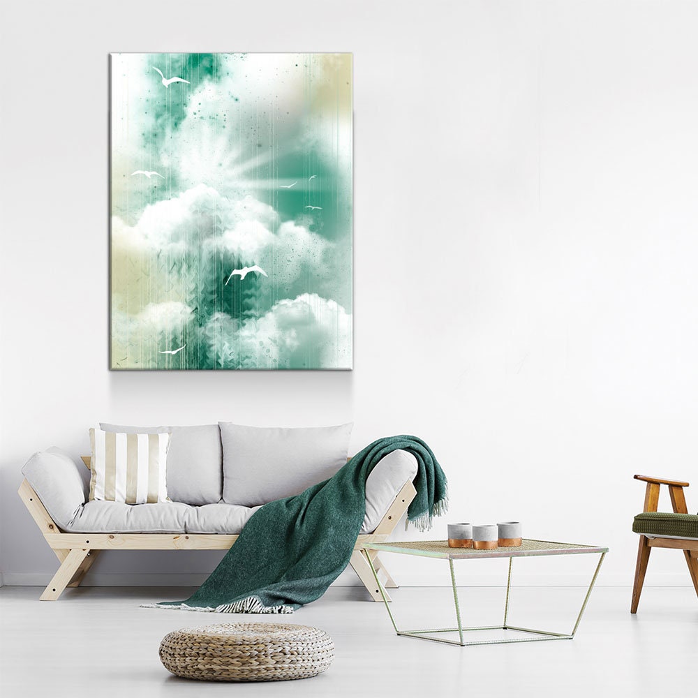 Morning Glory Canvas Wall Art, Inspirational Decor, Coastal Design, Abstract Landscape, Sea, Clouds and Seagulls - Royal Crown Pro