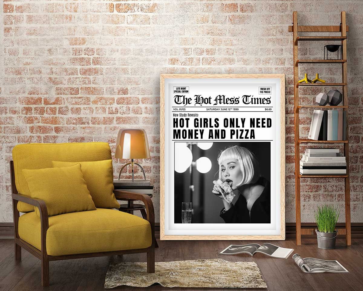 Hot Girls Only Need Money And Pizza Framed Fine Art Print, Feminist Attitude, Black & White Female Vintage Print - Royal Crown Pro