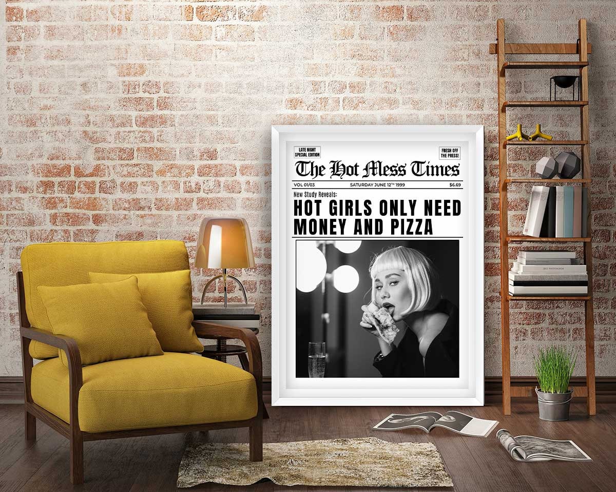 Hot Girls Only Need Money And Pizza Framed Fine Art Print, Feminist Attitude, Black & White Female Vintage Print - Royal Crown Pro