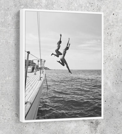 Best Friends Jumping Off Boat Canvas Wall Art, Leap Of Faith, Best Friends Jumping Off Yacht, Jumping Off Boat, Women Jumping into Water - Royal Crown Pro