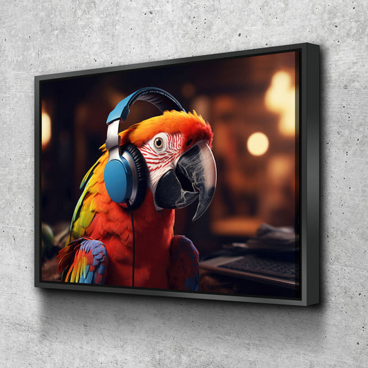 Party Parrot Canvas Wall Art, Parrot With Headphones, Parrot DJ, Parrot Decor, Funny Parrot Art - Royal Crown Pro