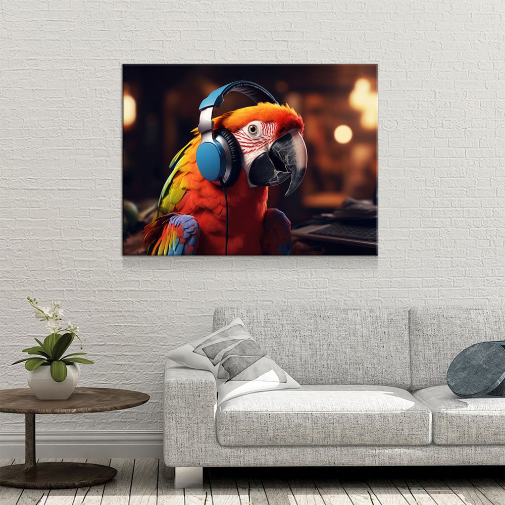 Party Parrot Canvas Wall Art, Parrot With Headphones, Parrot DJ, Parrot Decor, Funny Parrot Art