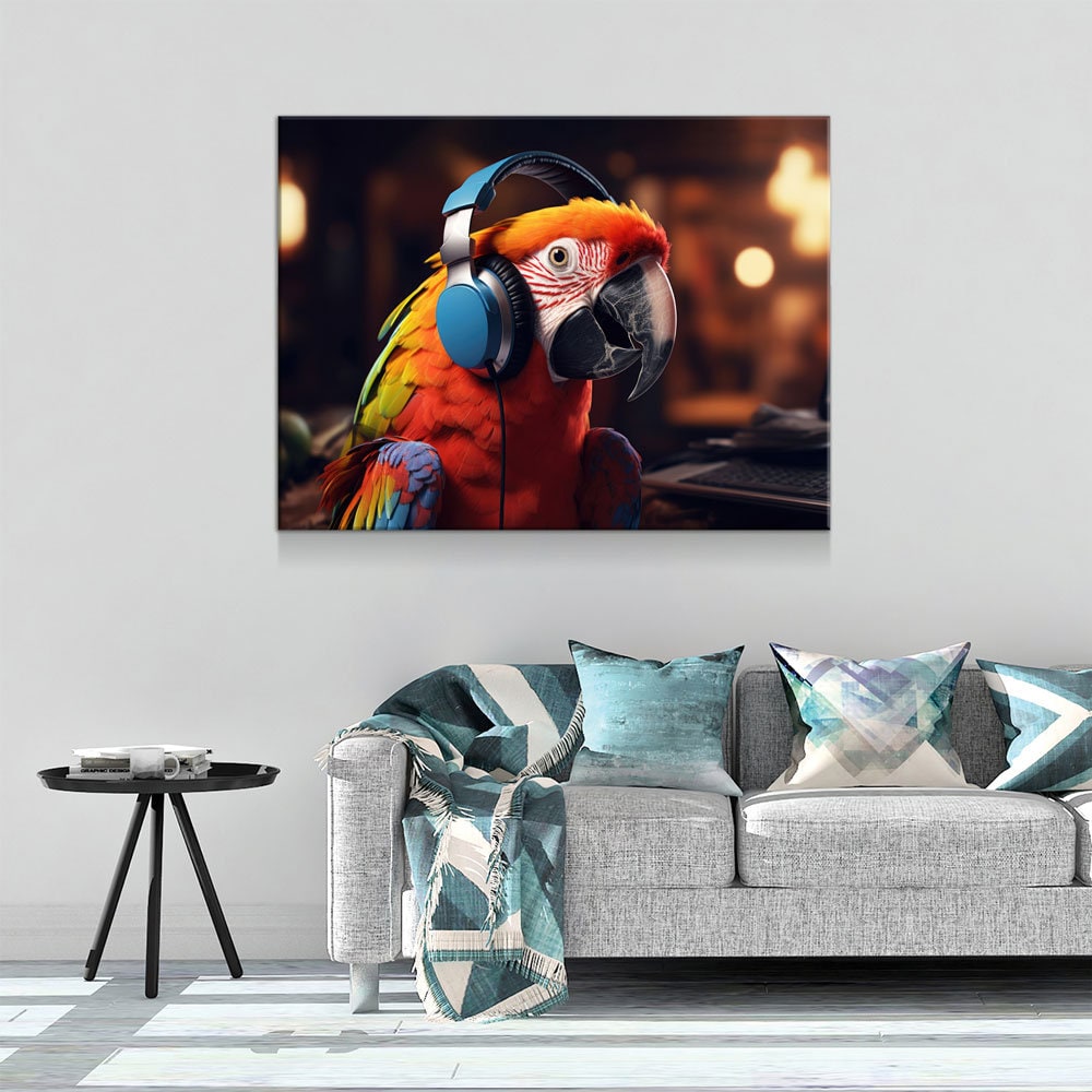 Party Parrot Canvas Wall Art, Parrot With Headphones, Parrot DJ, Parrot Decor, Funny Parrot Art