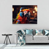 Party Parrot Canvas Wall Art, Parrot With Headphones, Parrot DJ, Parrot Decor, Funny Parrot Art