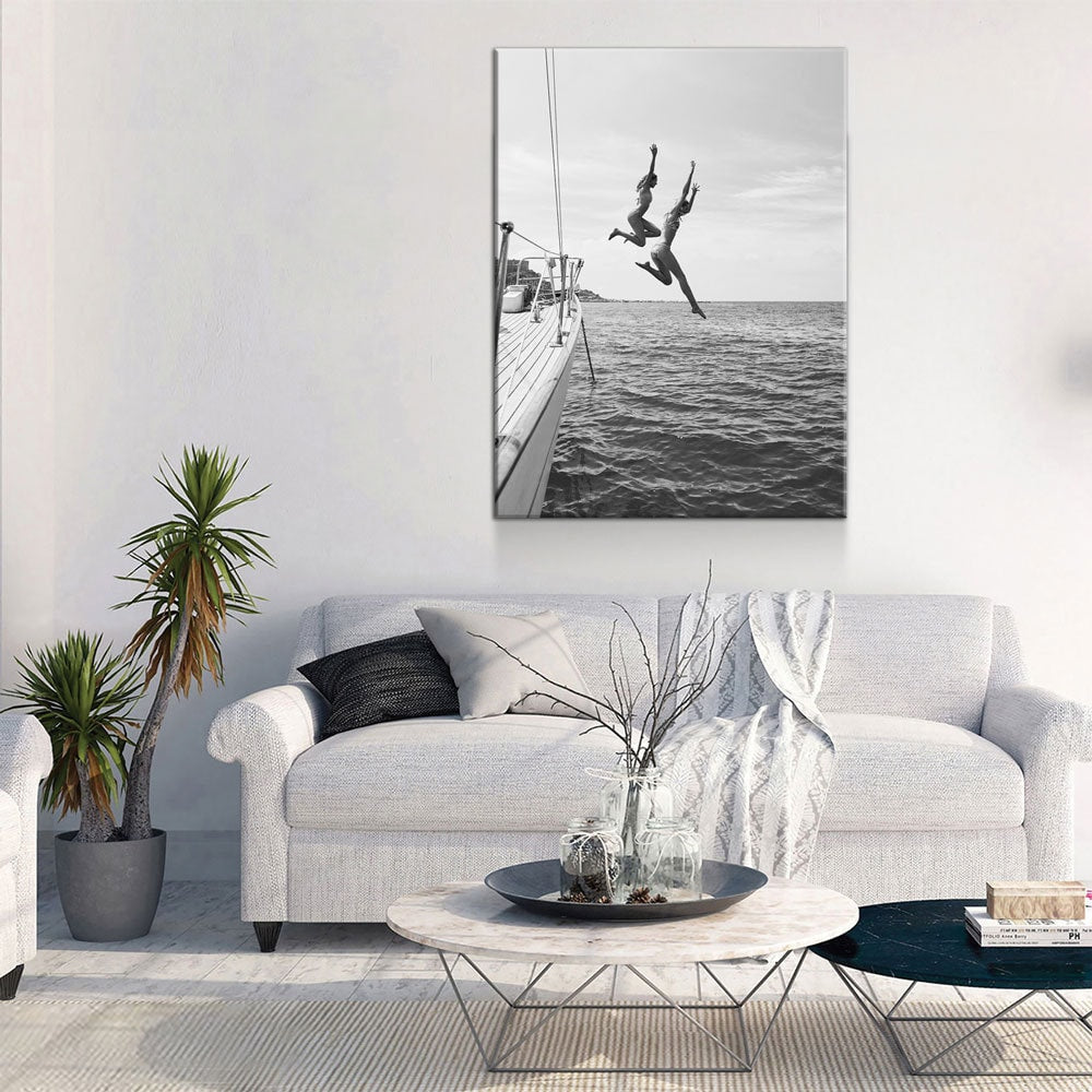 Best Friends Jumping Off Boat Canvas Wall Art, Leap Of Faith, Best Friends Jumping Off Yacht, Jumping Off Boat, Women Jumping into Water - Royal Crown Pro