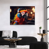 Party Parrot Canvas Wall Art, Parrot With Headphones, Parrot DJ, Parrot Decor, Funny Parrot Art