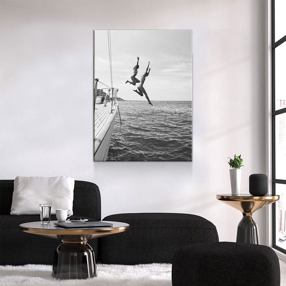 Best Friends Jumping Off Boat Canvas Wall Art, Leap Of Faith, Best Friends Jumping Off Yacht, Jumping Off Boat, Women Jumping into Water - Royal Crown Pro