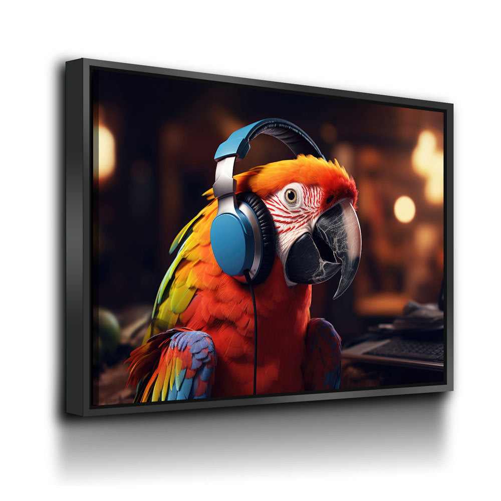 Party Parrot Canvas Wall Art, Parrot With Headphones, Parrot DJ, Parrot Decor, Funny Parrot Art