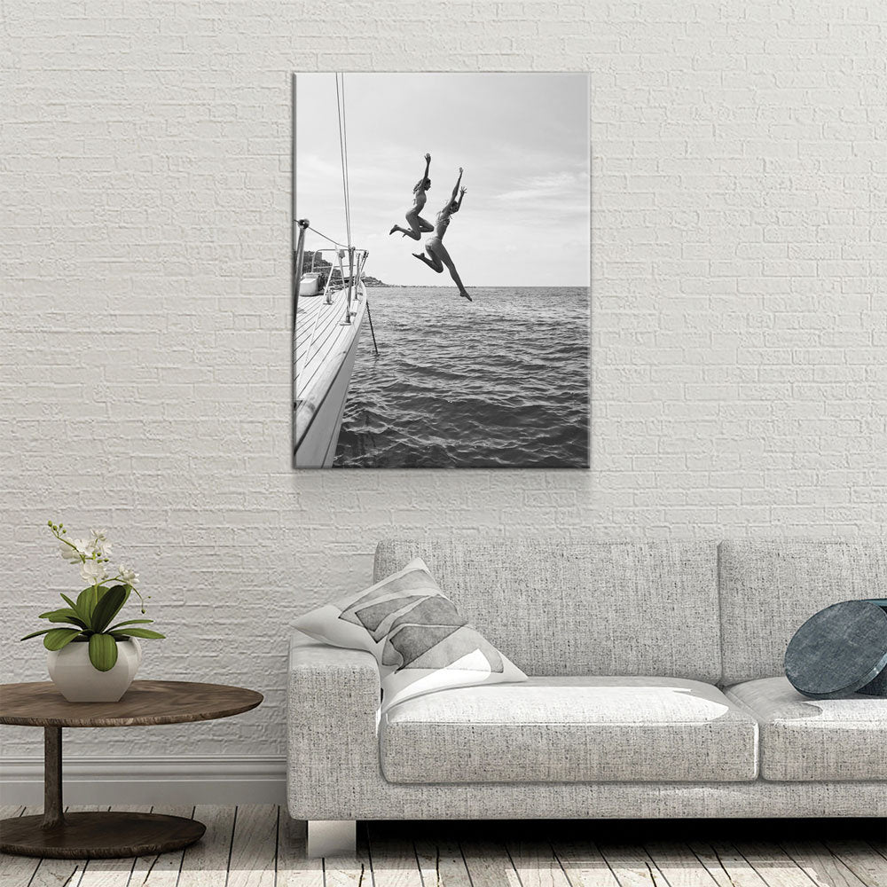 Best Friends Jumping Off Boat Canvas Wall Art, Leap Of Faith, Best Friends Jumping Off Yacht, Jumping Off Boat, Women Jumping into Water - Royal Crown Pro