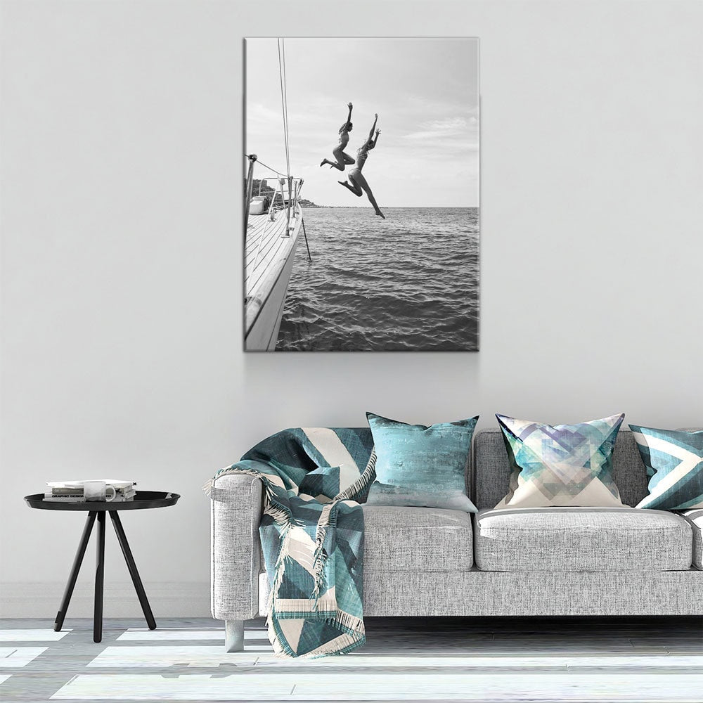 Best Friends Jumping Off Boat Canvas Wall Art, Leap Of Faith, Best Friends Jumping Off Yacht, Jumping Off Boat, Women Jumping into Water - Royal Crown Pro