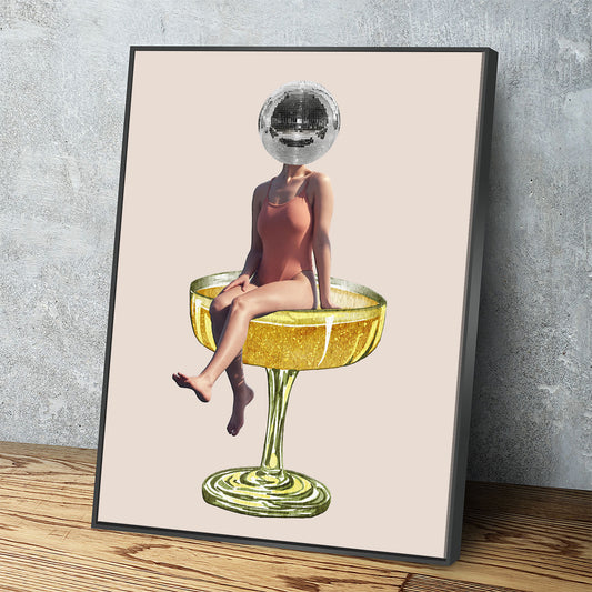 Disco Ball Head Canvas Wall Art, Retro Decor, Funky Print, Disco Print, Woman Sitting In Cocktail Glass, Disco Head Decor, Trendy Decor - Royal Crown Pro