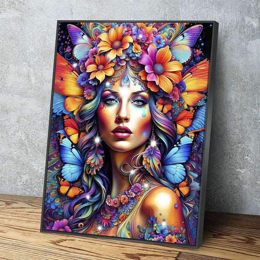 Hippie Girl Canvas Wall Art, Abstract Hippie Girl Wall Hanging, Girl With Butterflies, Flowers In Girls Hair, Vibrant Colors Wall Art - Royal Crown Pro