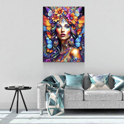 Hippie Girl Canvas Wall Art, Abstract Hippie Girl Wall Hanging, Girl With Butterflies, Flowers In Girls Hair, Vibrant Colors Wall Art - Royal Crown Pro