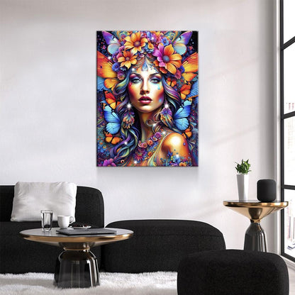 Hippie Girl Canvas Wall Art, Abstract Hippie Girl Wall Hanging, Girl With Butterflies, Flowers In Girls Hair, Vibrant Colors Wall Art - Royal Crown Pro