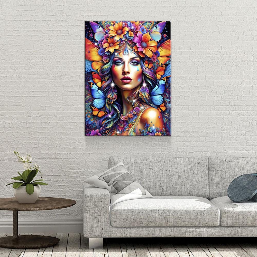 Hippie Girl Canvas Wall Art, Abstract Hippie Girl Wall Hanging, Girl With Butterflies, Flowers In Girls Hair, Vibrant Colors Wall Art - Royal Crown Pro