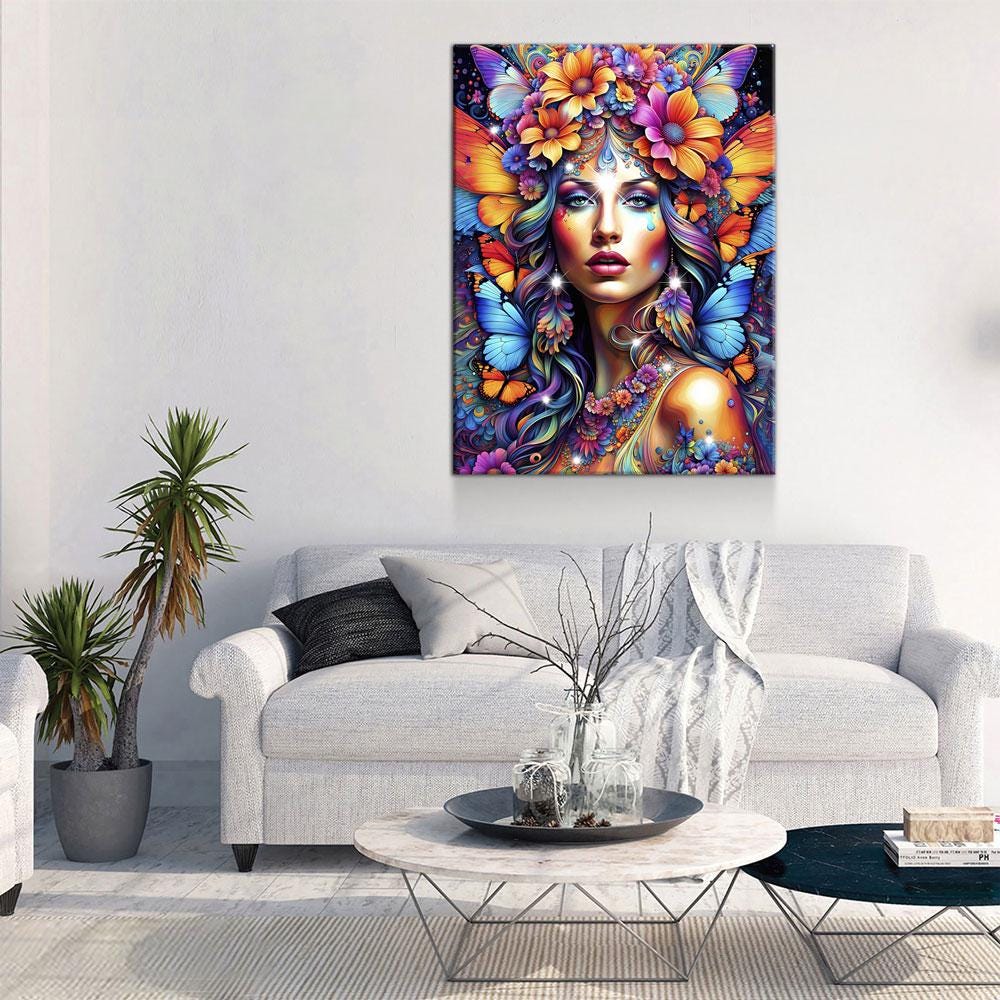 Hippie Girl Canvas Wall Art, Abstract Hippie Girl Wall Hanging, Girl With Butterflies, Flowers In Girls Hair, Vibrant Colors Wall Art - Royal Crown Pro