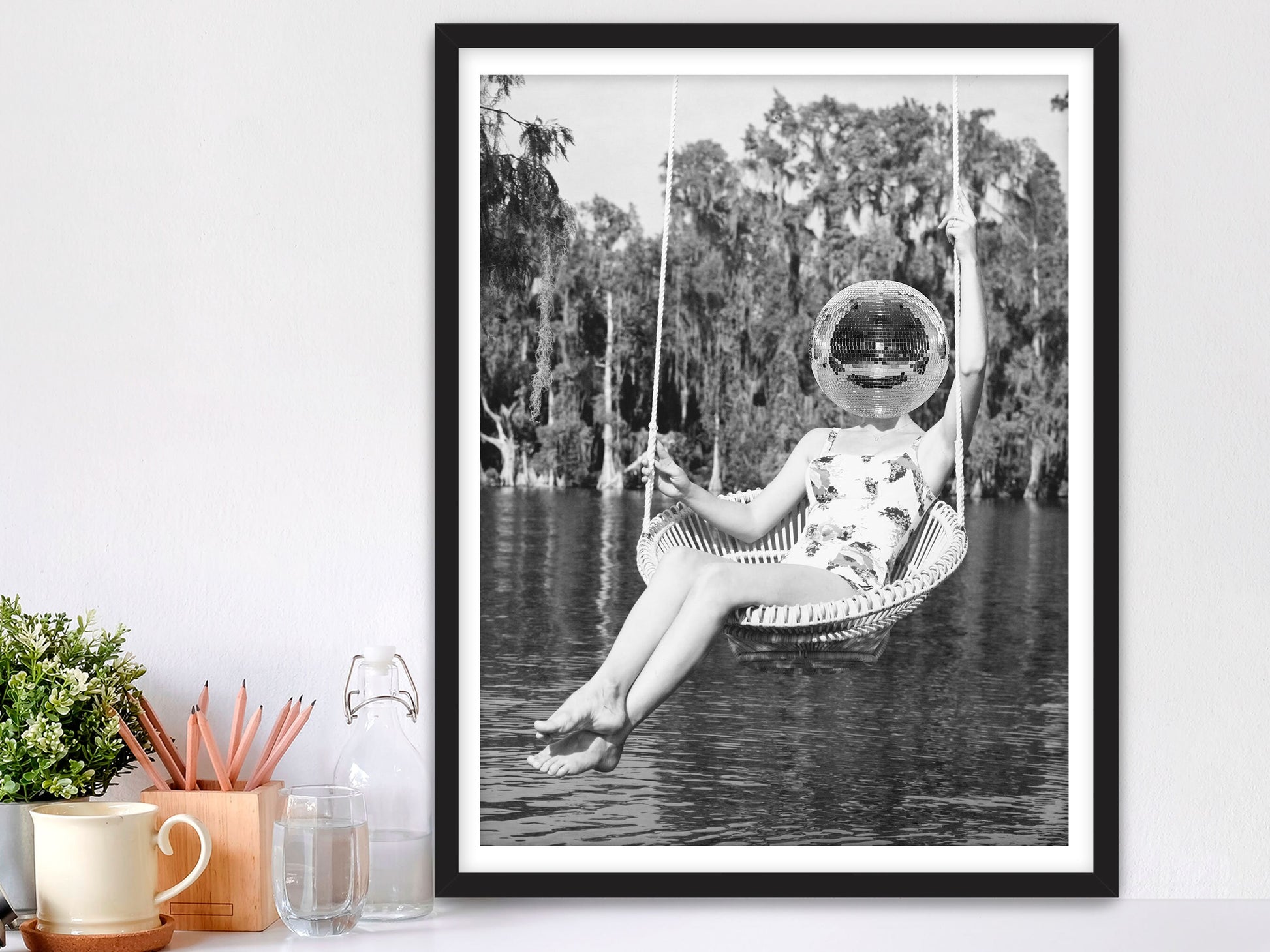 Disco Ball Headed Woman Framed Fine Art Print, Black & White Female Print, Vintage Print - Royal Crown Pro