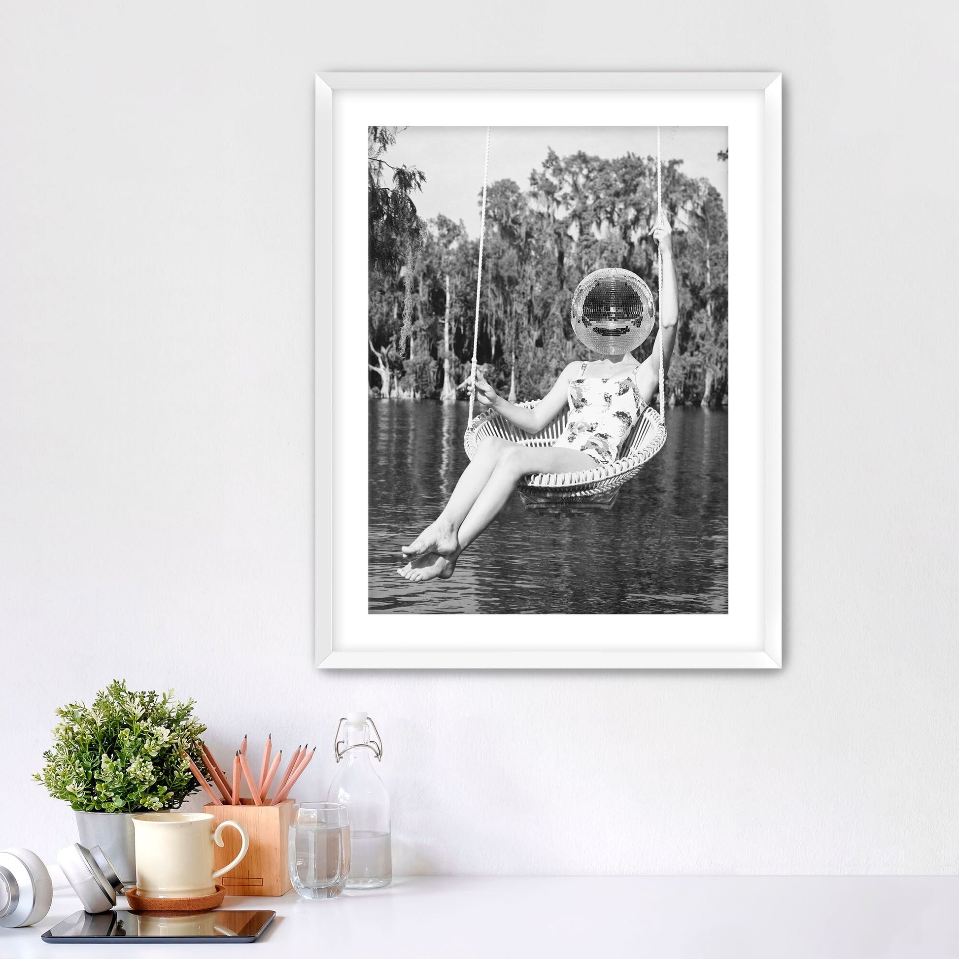 Disco Ball Headed Woman Framed Fine Art Print, Black & White Female Print, Vintage Print - Royal Crown Pro