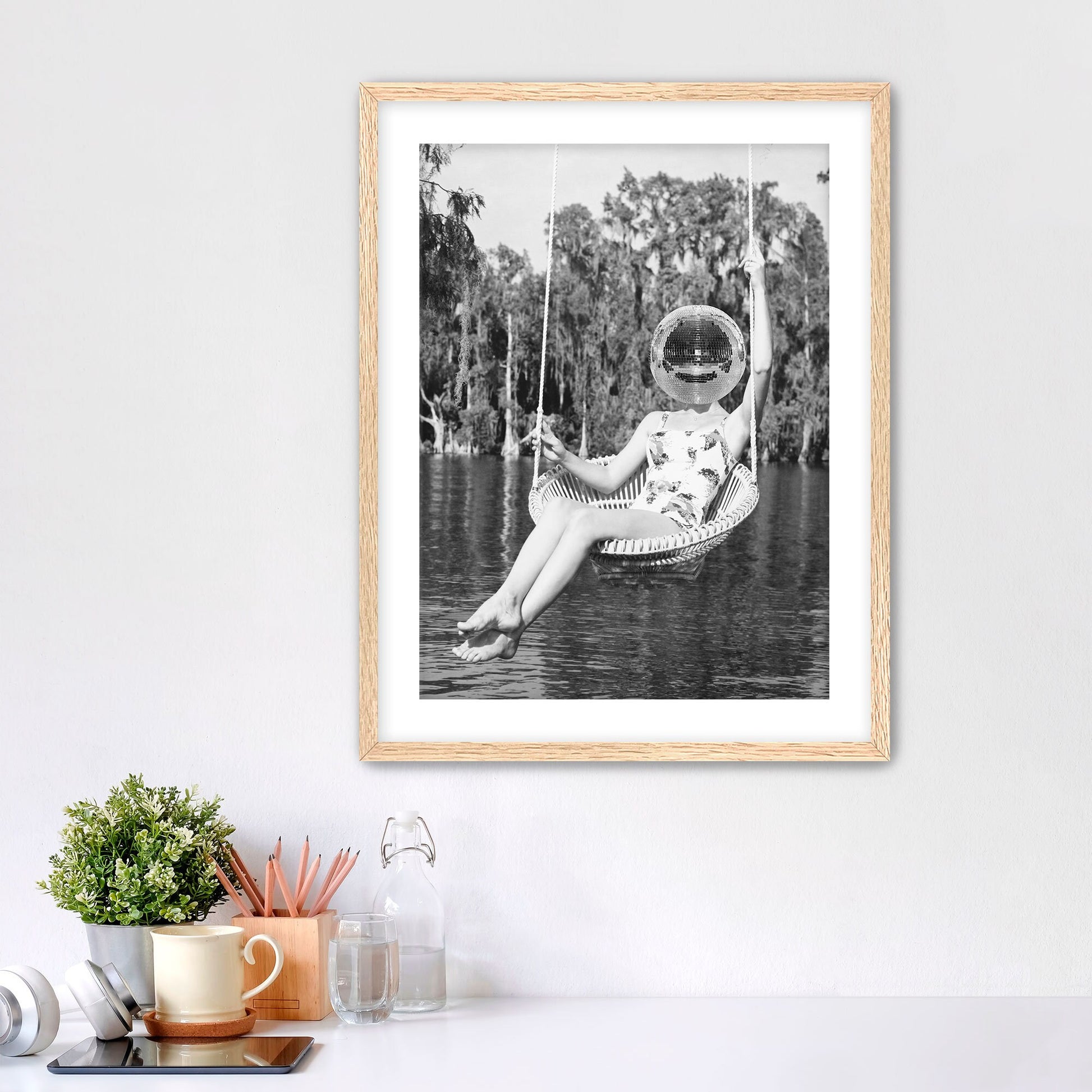 Disco Ball Headed Woman Framed Fine Art Print, Black & White Female Print, Vintage Print - Royal Crown Pro