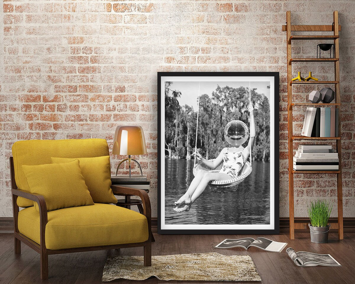 Disco Ball Headed Woman Framed Fine Art Print, Black & White Female Print, Vintage Print - Royal Crown Pro