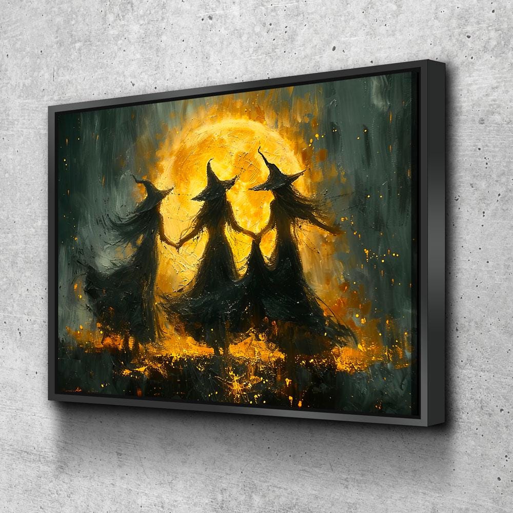 Witches Dancing Around The Fire Canvas Wall Art, Gothic Decor, Halloween Decor, Halloween Hanging, Witch Decor, Pagan Art Print, Hallows Eve - Royal Crown Pro