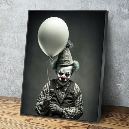 Scary Clown With Balloon Canvas Wall Art, Scary Decor, Clown with Red Nose, Halloween Decor, Gothic Print, Clown Print, Haunted House Decor - Royal Crown Pro