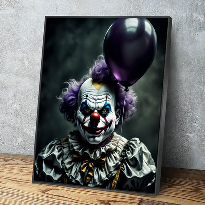 Scary Clown With Purple Balloon Canvas Wall Art, Scary Decor, Clown with Red Nose, Halloween Decor, Gothic Print, Clown Print, Haunted Decor - Royal Crown Pro