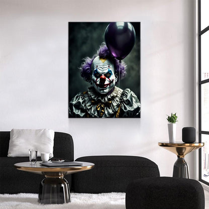 Scary Clown With Purple Balloon Canvas Wall Art, Scary Decor, Clown with Red Nose, Halloween Decor, Gothic Print, Clown Print, Haunted Decor - Royal Crown Pro