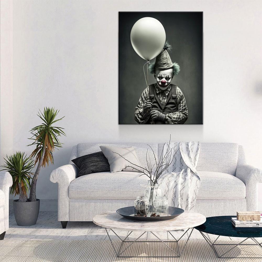 Scary Clown With Balloon Canvas Wall Art, Scary Decor, Clown with Red Nose, Halloween Decor, Gothic Print, Clown Print, Haunted House Decor - Royal Crown Pro