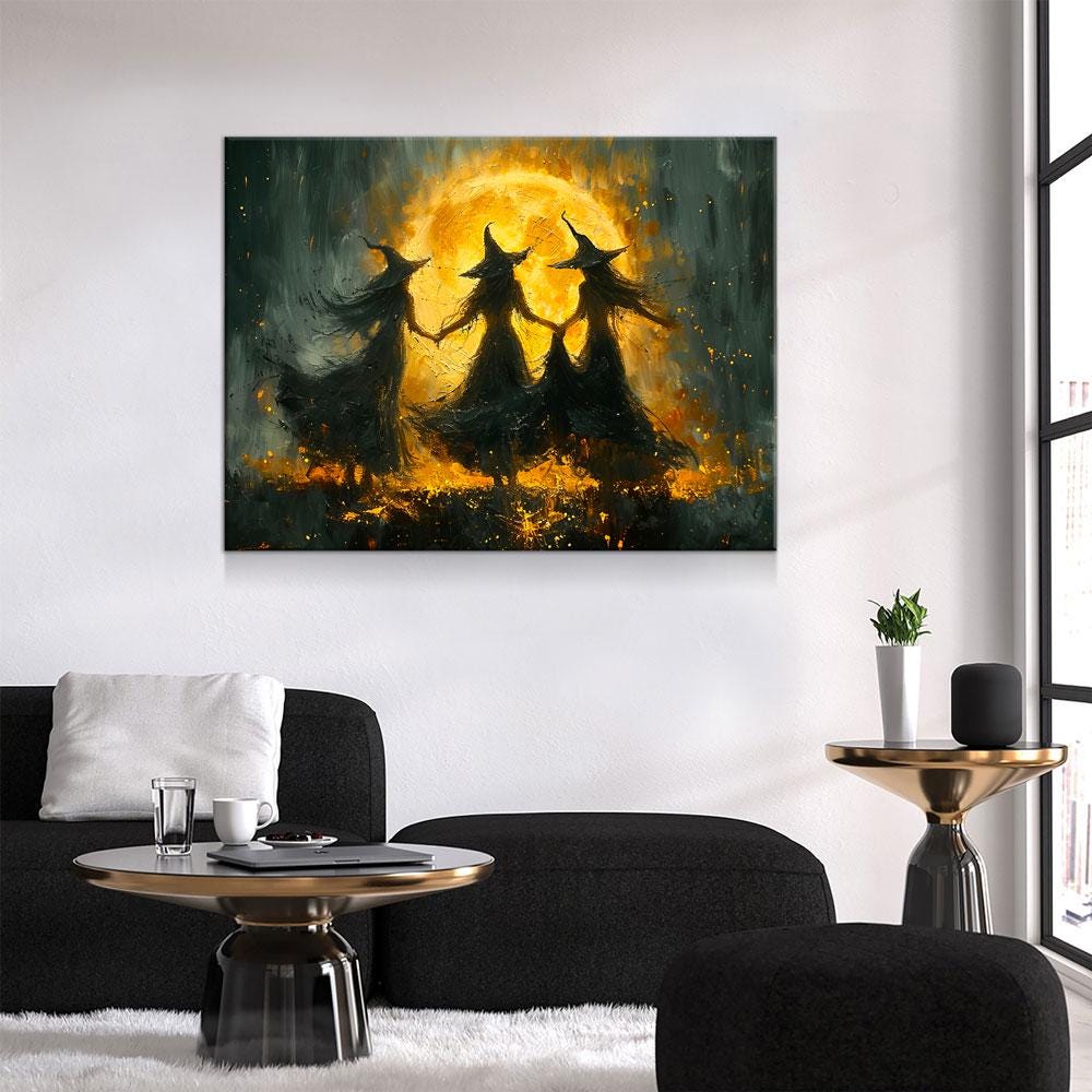 Witches Dancing Around The Fire Canvas Wall Art, Gothic Decor, Halloween Decor, Halloween Hanging, Witch Decor, Pagan Art Print, Hallows Eve - Royal Crown Pro