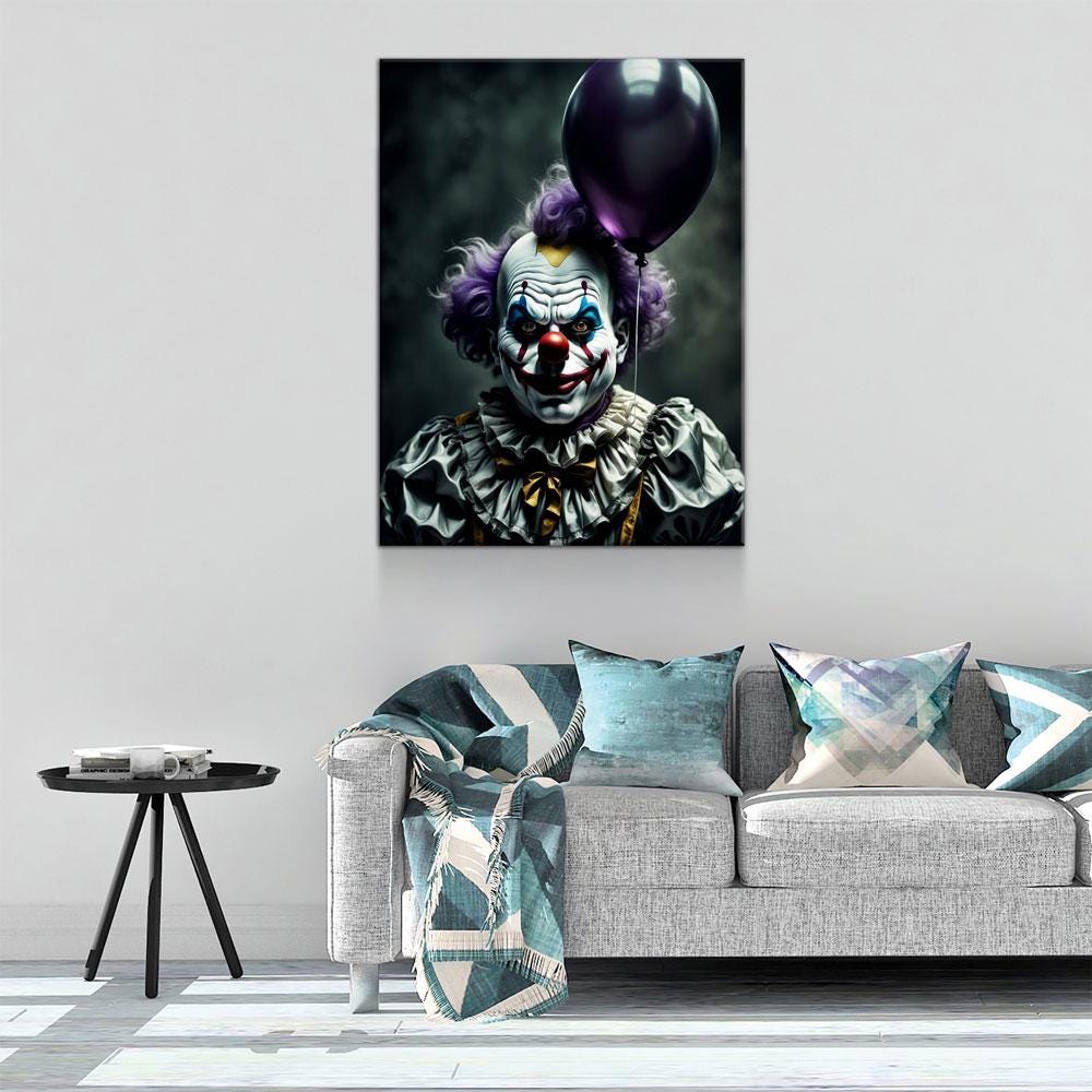 Scary Clown With Purple Balloon Canvas Wall Art, Scary Decor, Clown with Red Nose, Halloween Decor, Gothic Print, Clown Print, Haunted Decor - Royal Crown Pro