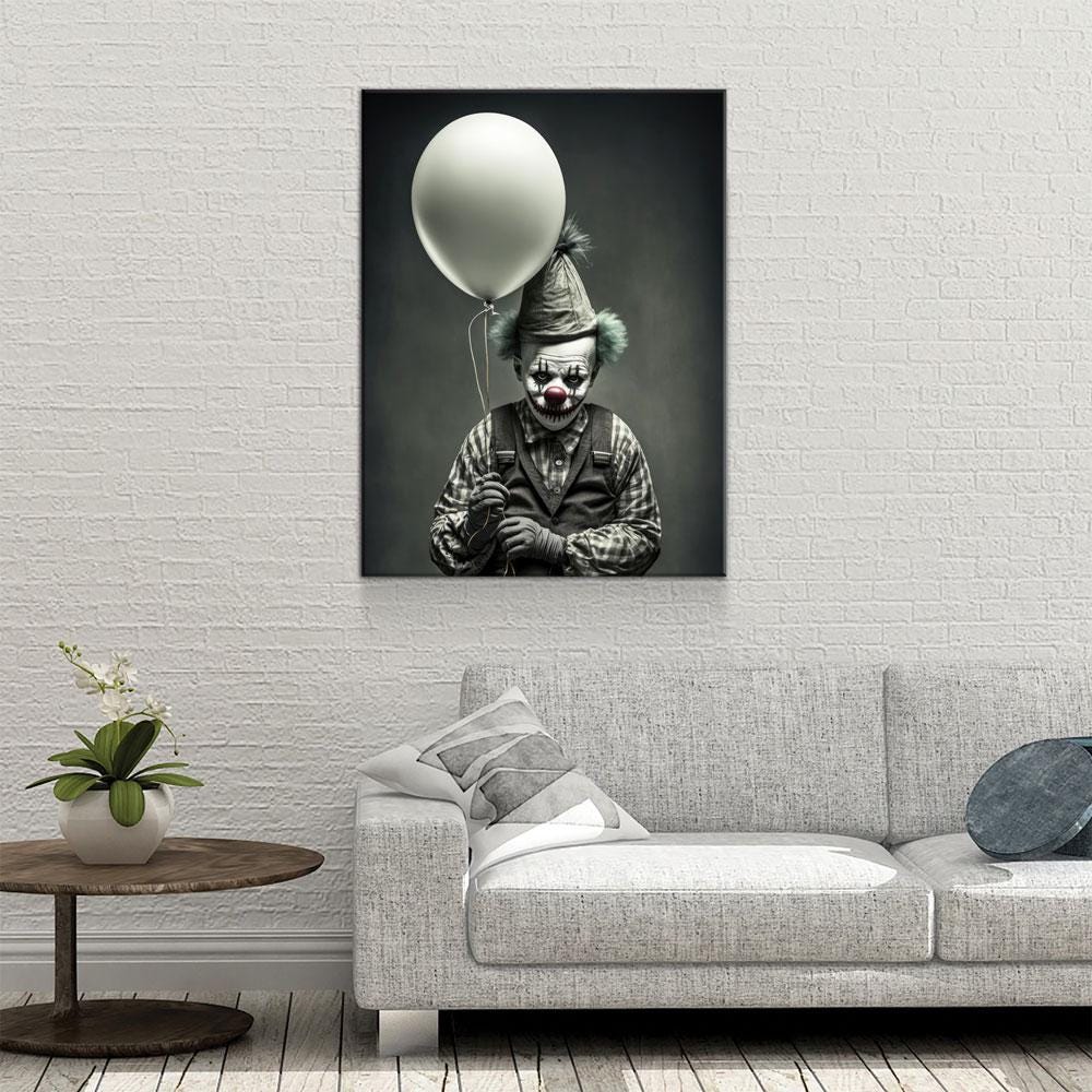 Scary Clown With Balloon Canvas Wall Art, Scary Decor, Clown with Red Nose, Halloween Decor, Gothic Print, Clown Print, Haunted House Decor - Royal Crown Pro