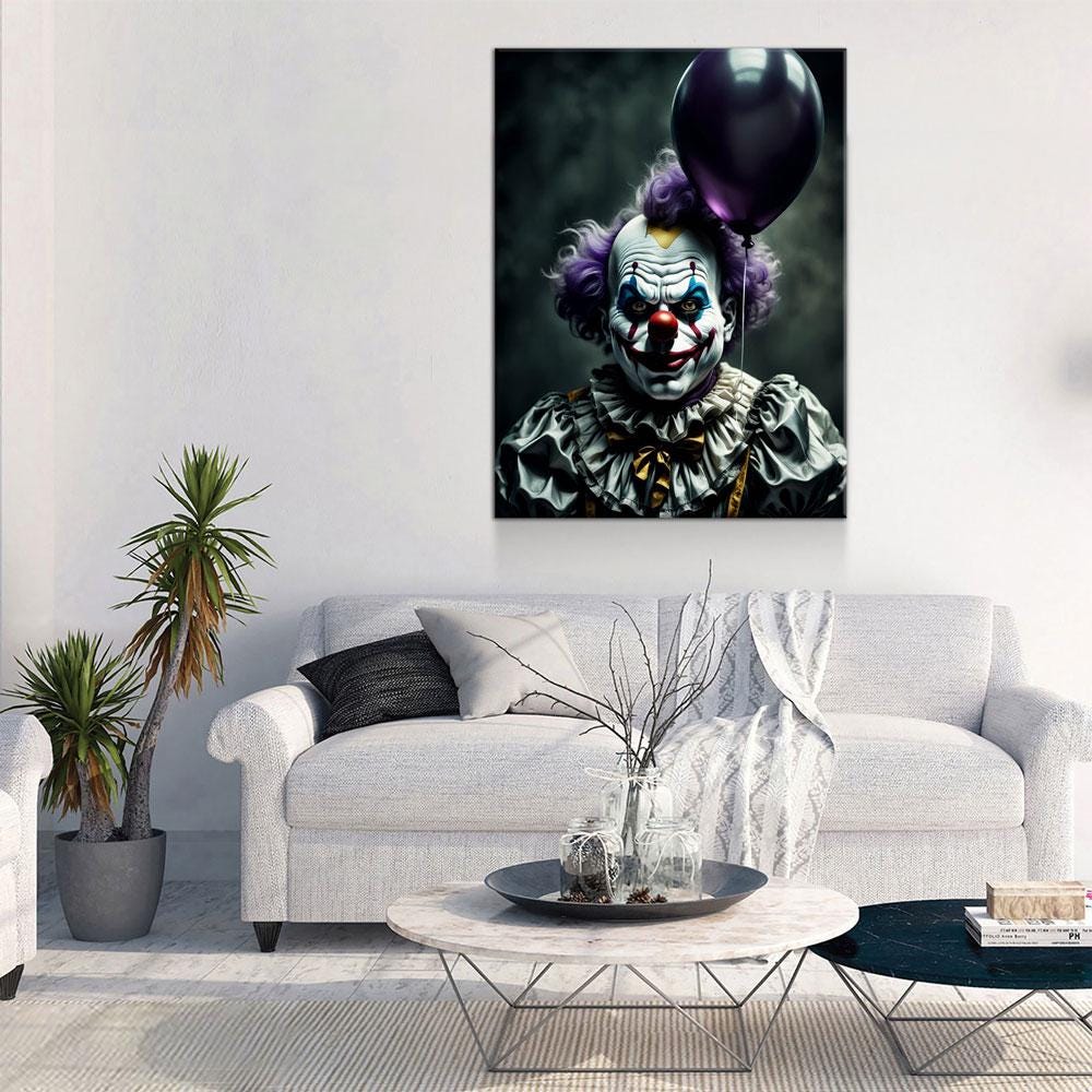 Scary Clown With Purple Balloon Canvas Wall Art, Scary Decor, Clown with Red Nose, Halloween Decor, Gothic Print, Clown Print, Haunted Decor - Royal Crown Pro