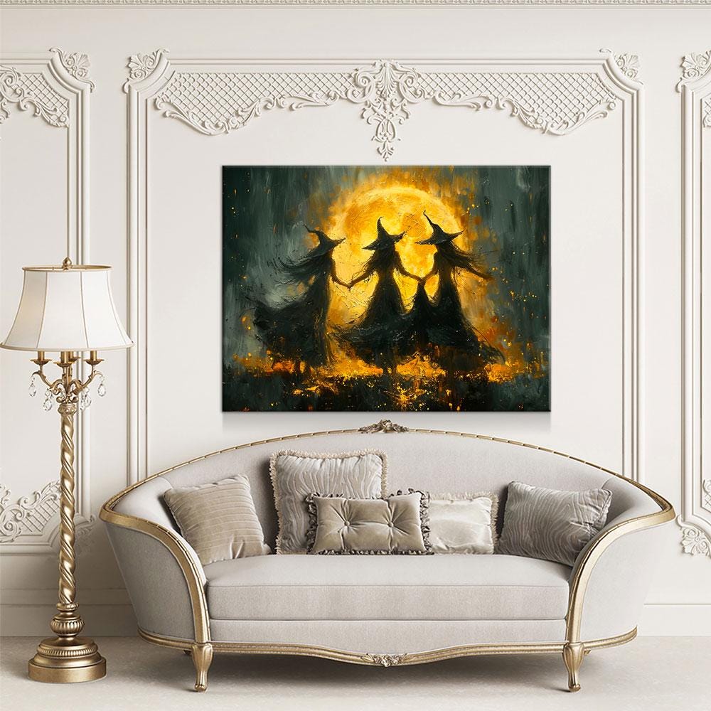 Witches Dancing Around The Fire Canvas Wall Art, Gothic Decor, Halloween Decor, Halloween Hanging, Witch Decor, Pagan Art Print, Hallows Eve - Royal Crown Pro