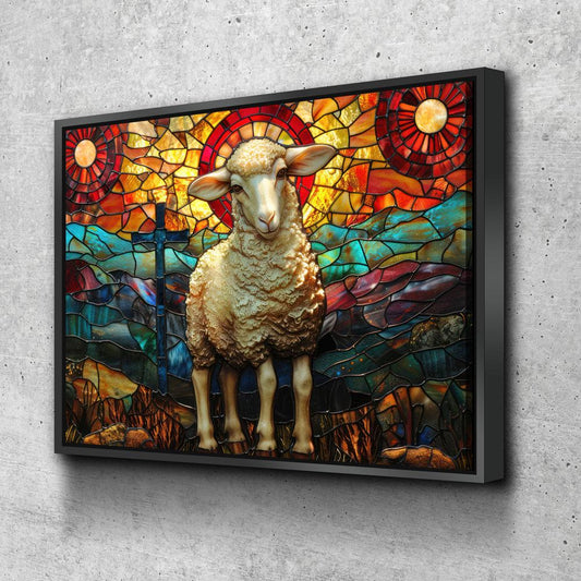 Lamb of God Canvas Wall Art, Stained Glass Lamb of God Print, Mountain Sheep and Cross, Faith Of God Print, Religious Decor, Church Decor - Royal Crown Pro